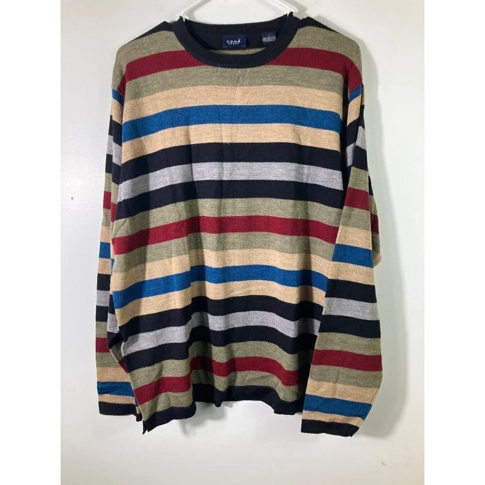 Mens Como Sport Merino Wool Sweater Pullover Stripes‎ Tan Green Black Red L